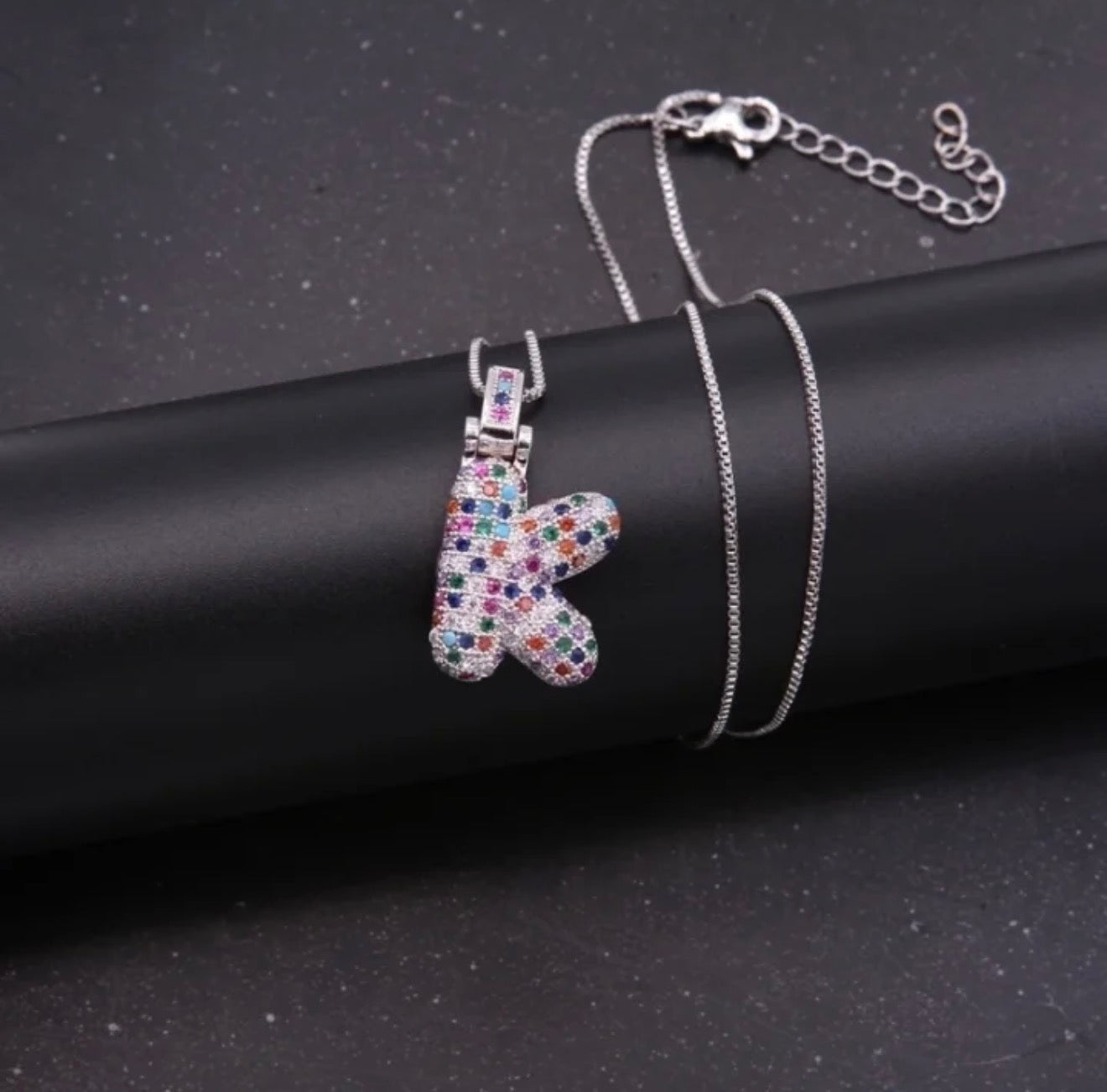 Puffy Rainbow CZ Initial Necklace