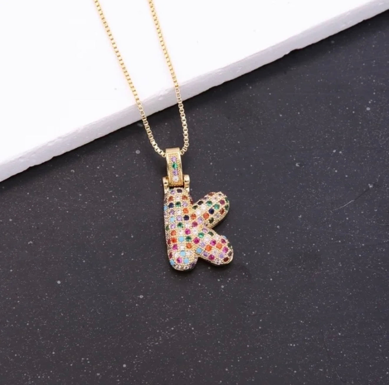 Puffy Rainbow CZ Initial Necklace