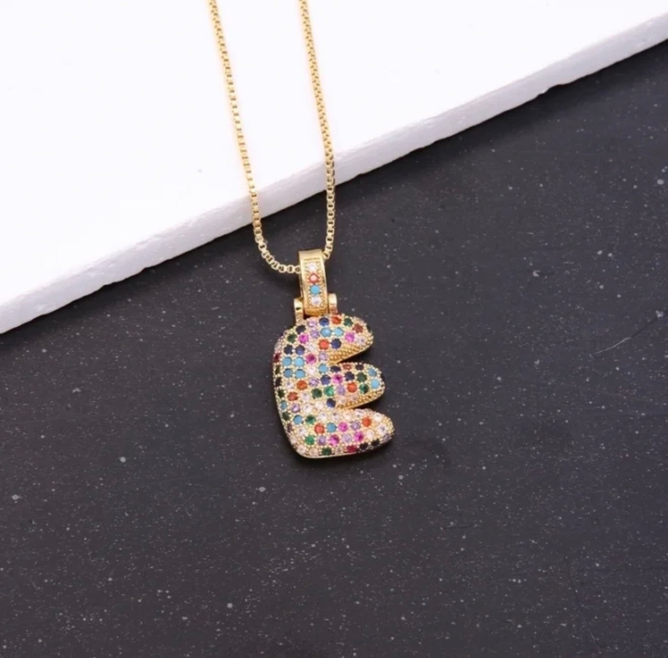 Puffy Rainbow CZ Initial Necklace