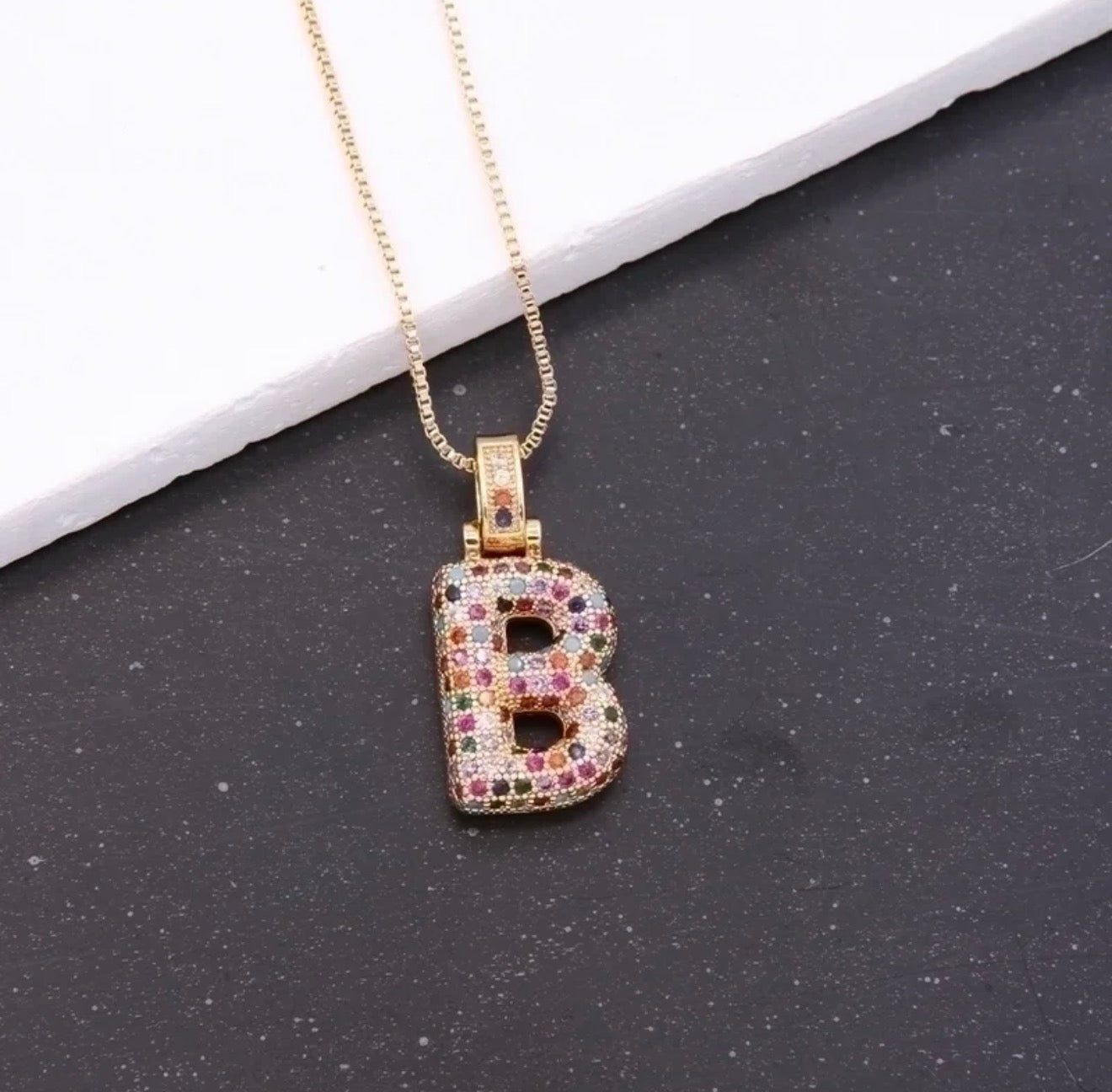 Puffy Rainbow CZ Initial Necklace