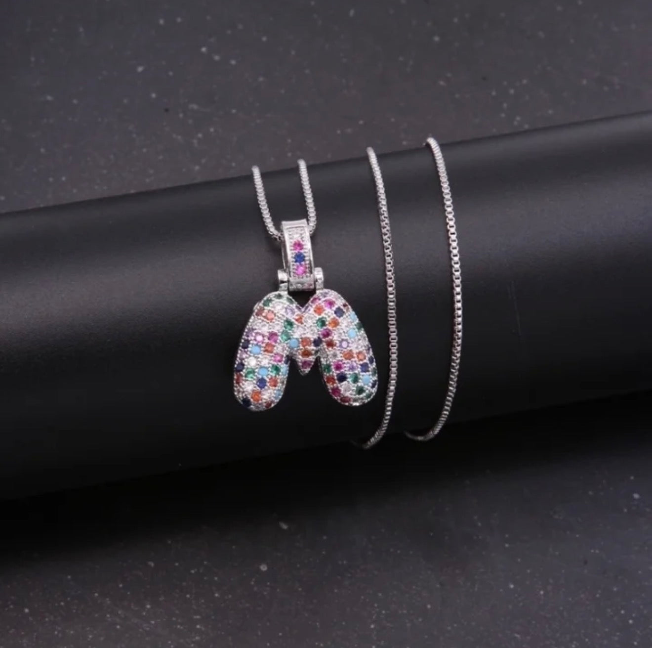 Puffy Rainbow CZ Initial Necklace