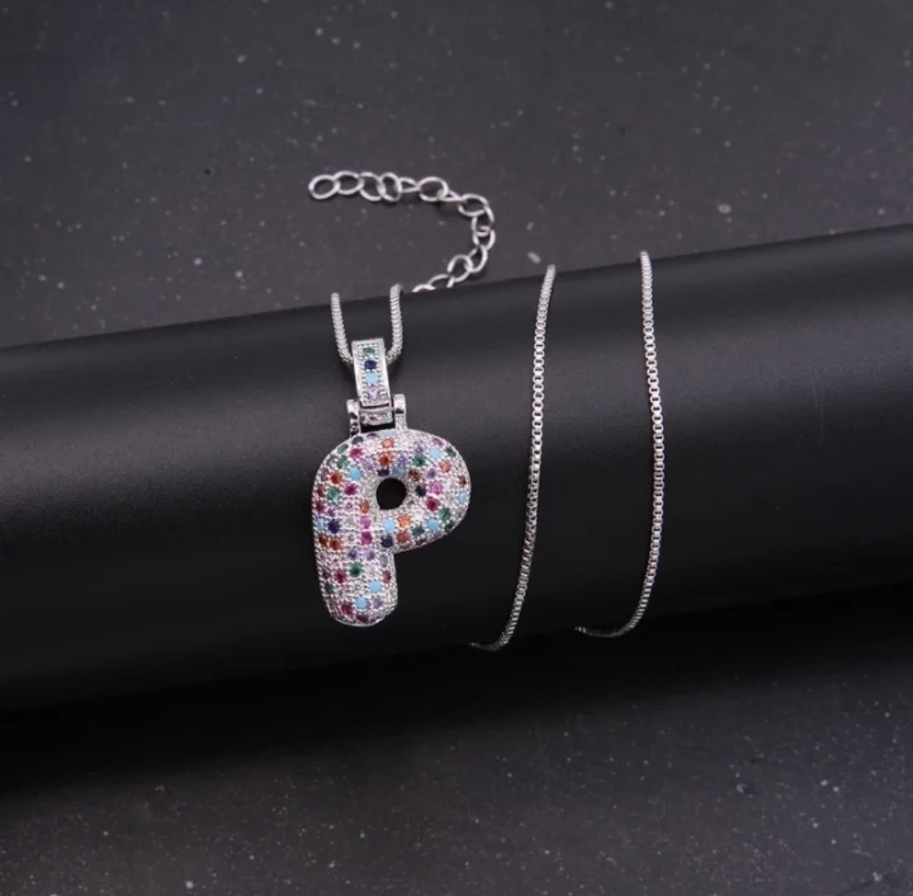 Puffy Rainbow CZ Initial Necklace