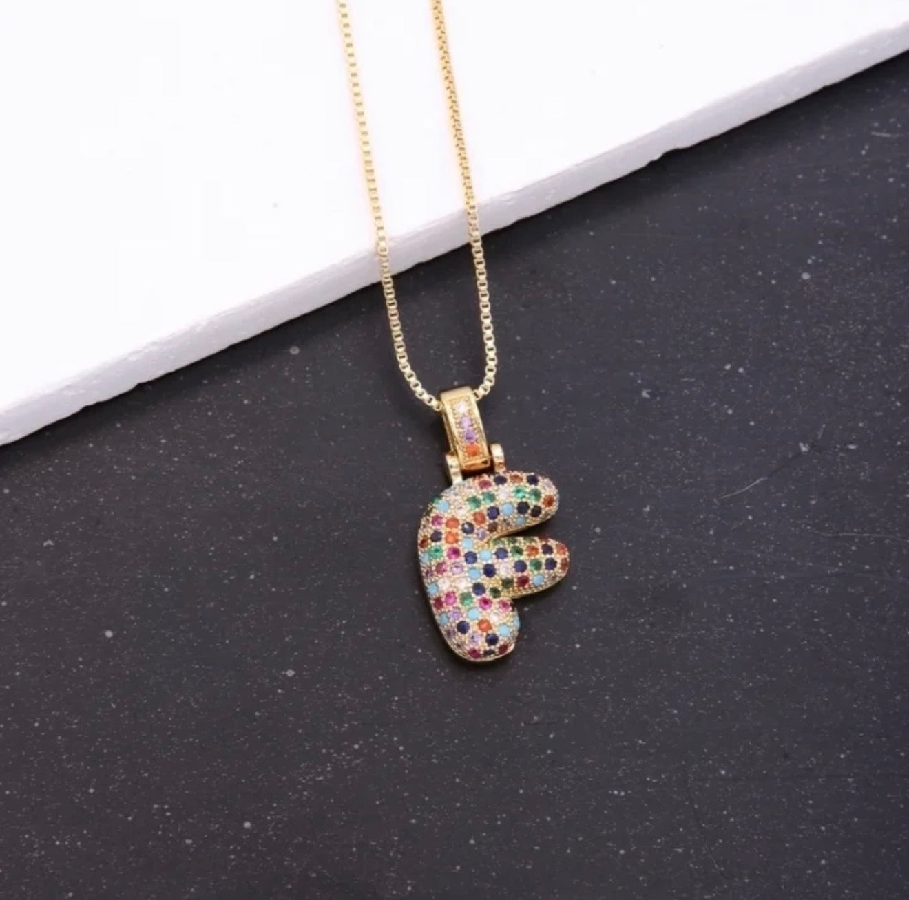 Puffy Rainbow CZ Initial Necklace