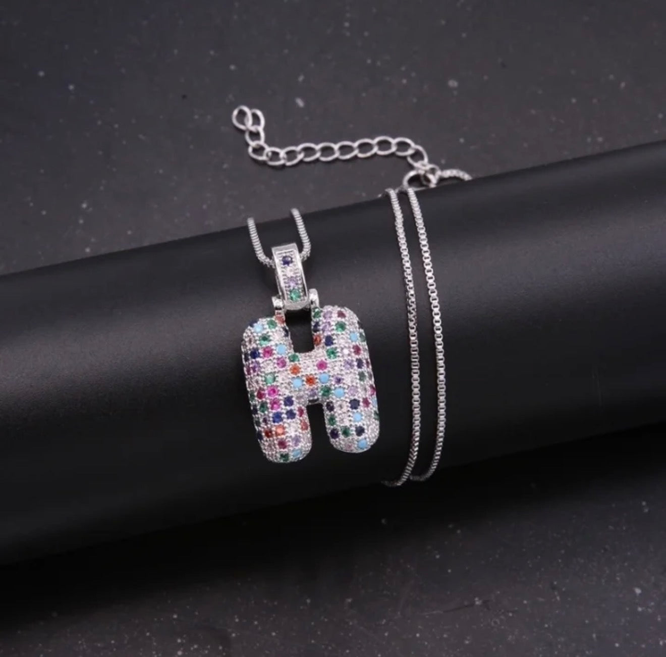 Puffy Rainbow CZ Initial Necklace