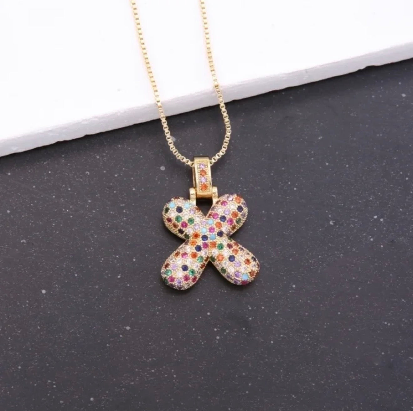 Puffy Rainbow CZ Initial Necklace