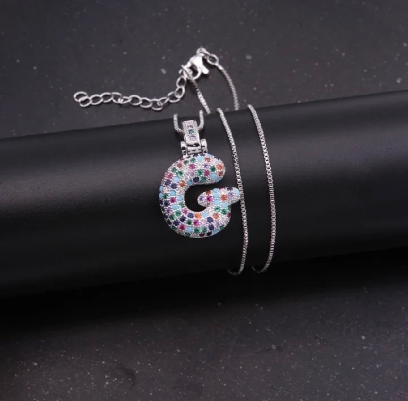 Puffy Rainbow CZ Initial Necklace