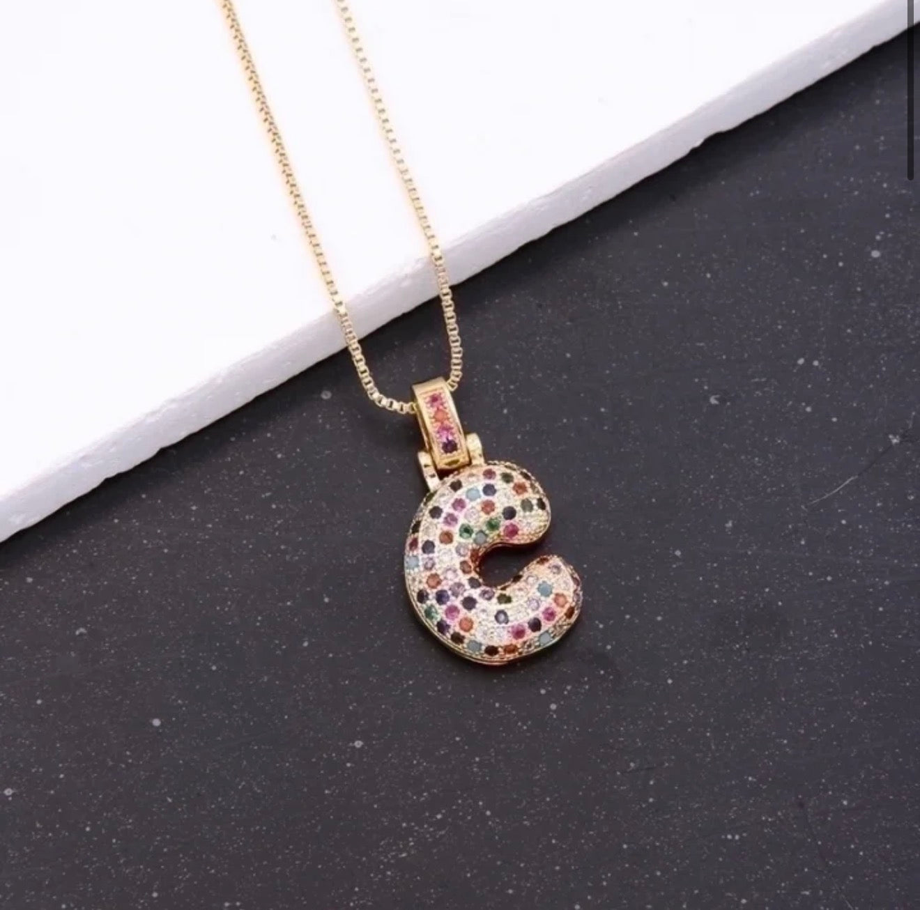 Puffy Rainbow CZ Initial Necklace