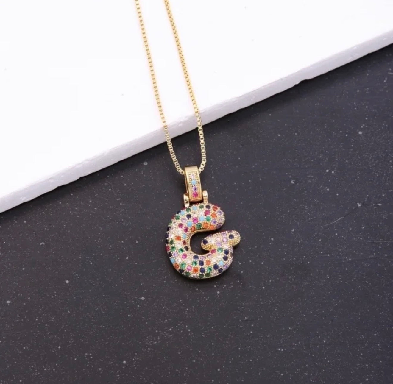 Puffy Rainbow CZ Initial Necklace