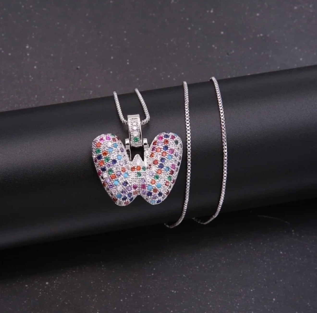 Puffy Rainbow CZ Initial Necklace