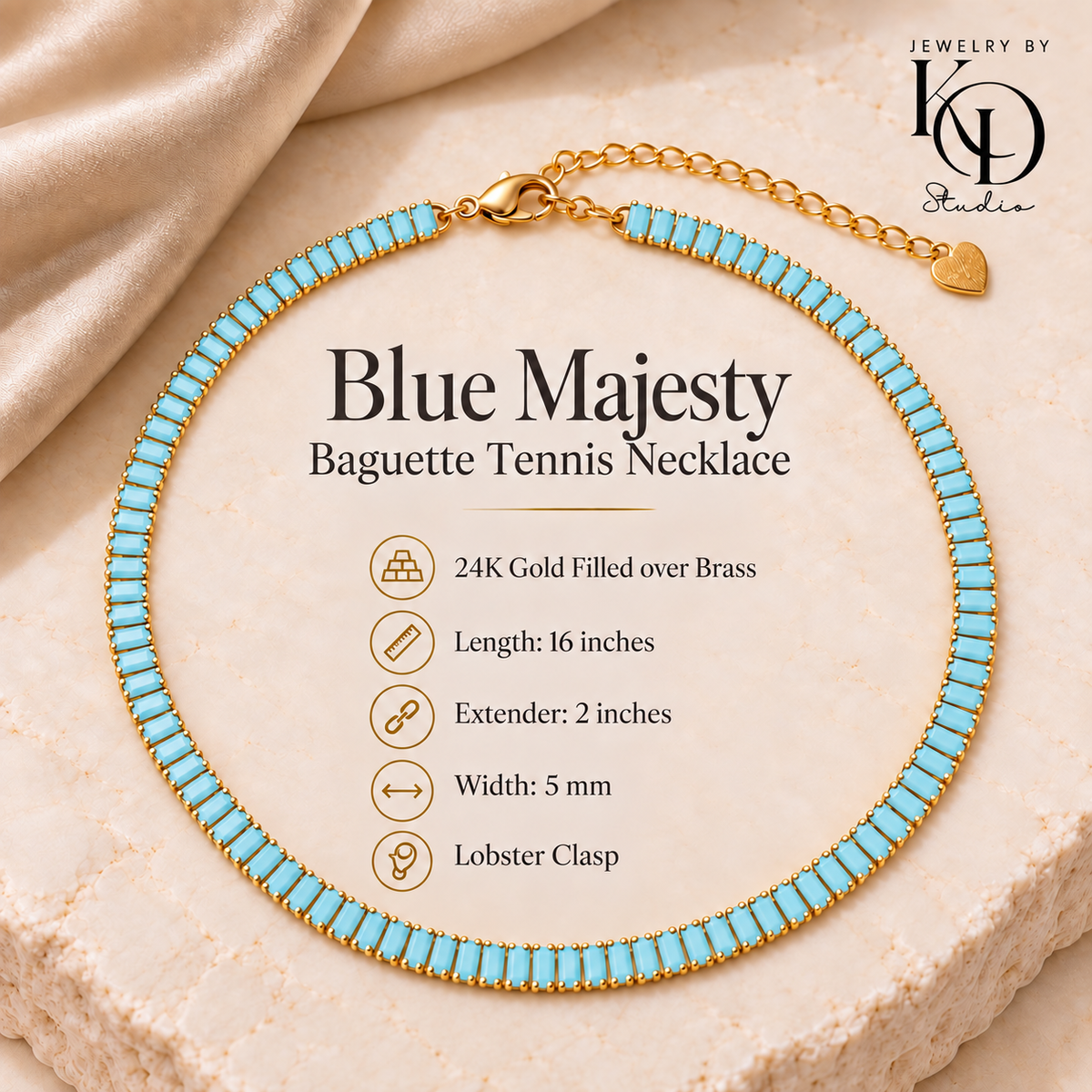 Blue Majesty Baguette Tennis Necklace | 24K Gold Filled