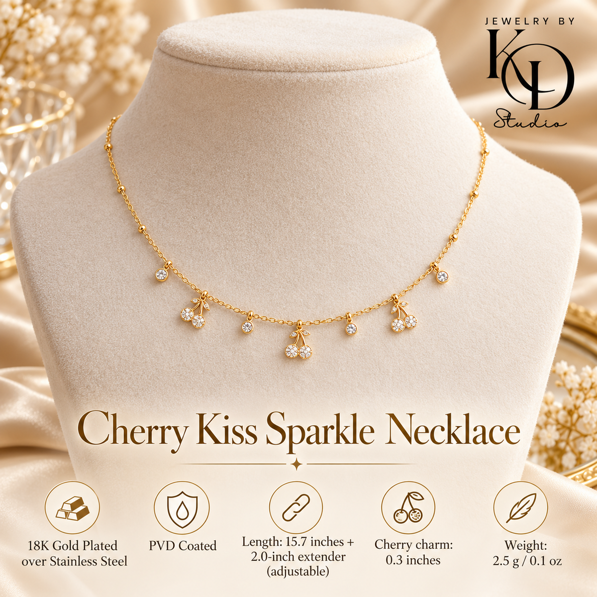 Cherry Kiss Sparkle Necklace | 18K Gold Plated | PVD Coated