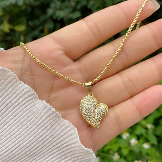 Puffy CZ Gold Heart Pendant Necklace