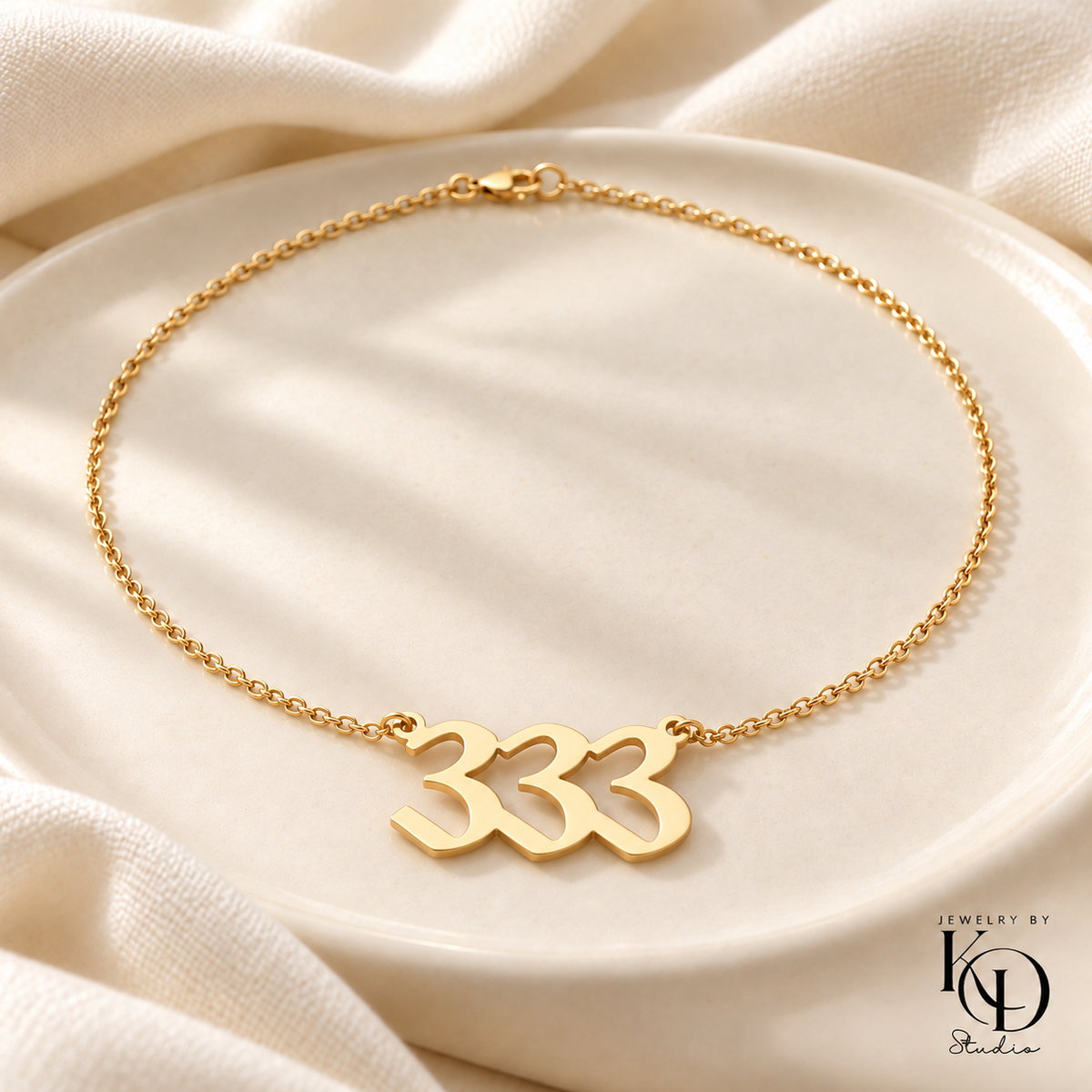 Divine Script Angel Number Necklace — 333 gold — Jewelry by KD Studio
