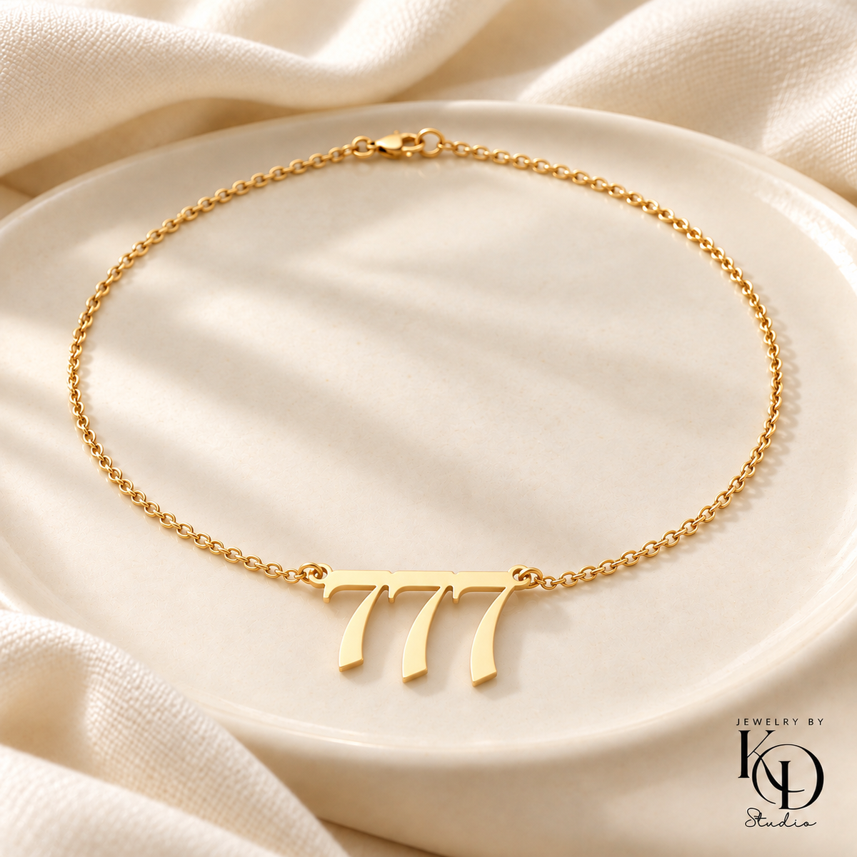 Divine Script Angel Number Necklace — 777 gold — Jewelry by KD Studio