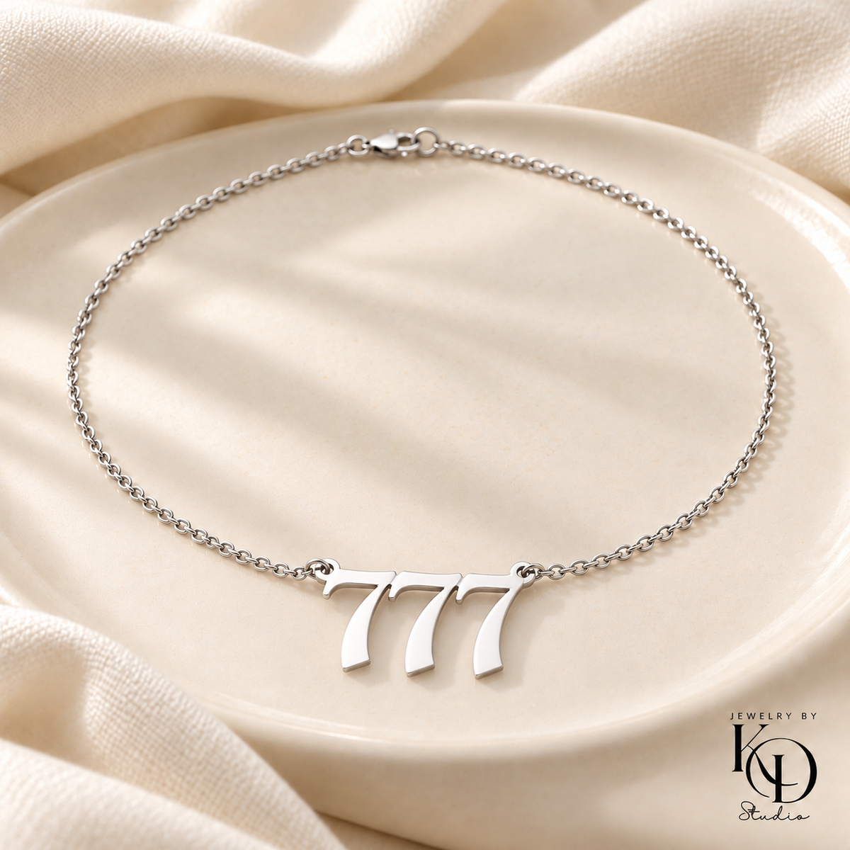 Divine Script Angel Number Necklace — 777 silver — Jewelry by KD Studio