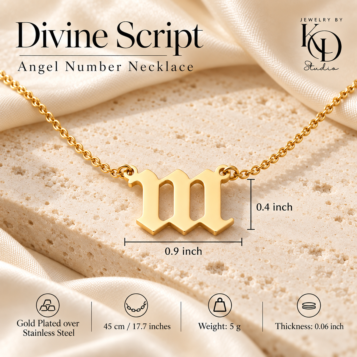 Divine Script Angel Number Necklace — measurements — Jewelry by KD Studio