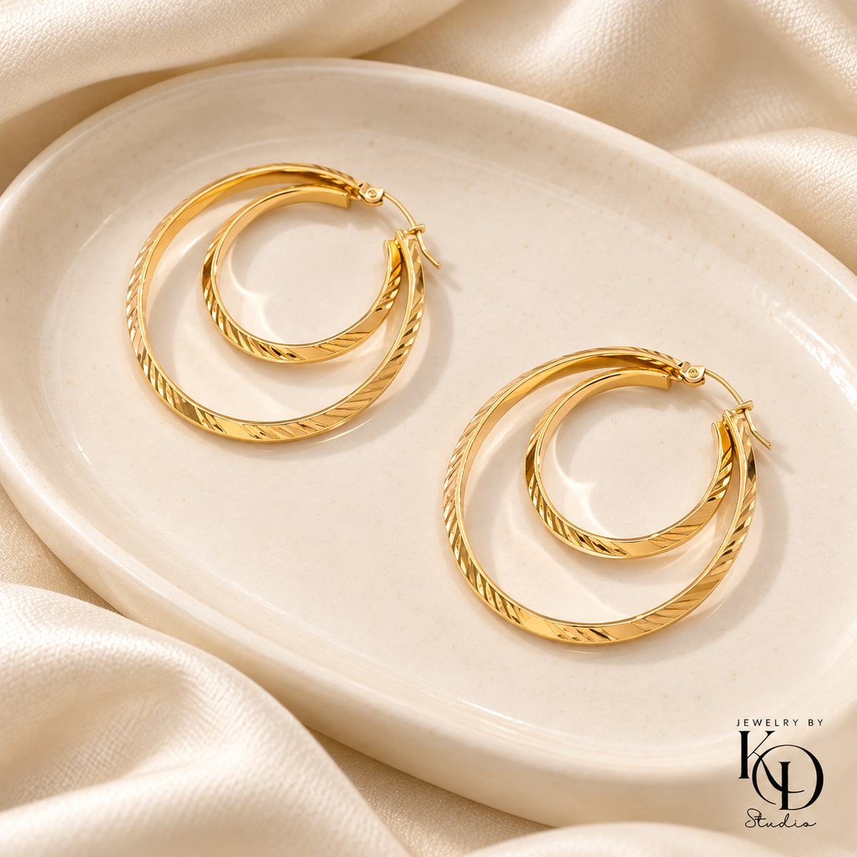 Double Take Hoop Earrings — flatlay — 18 Karat Gold Plated — Jewelry by KD Studio