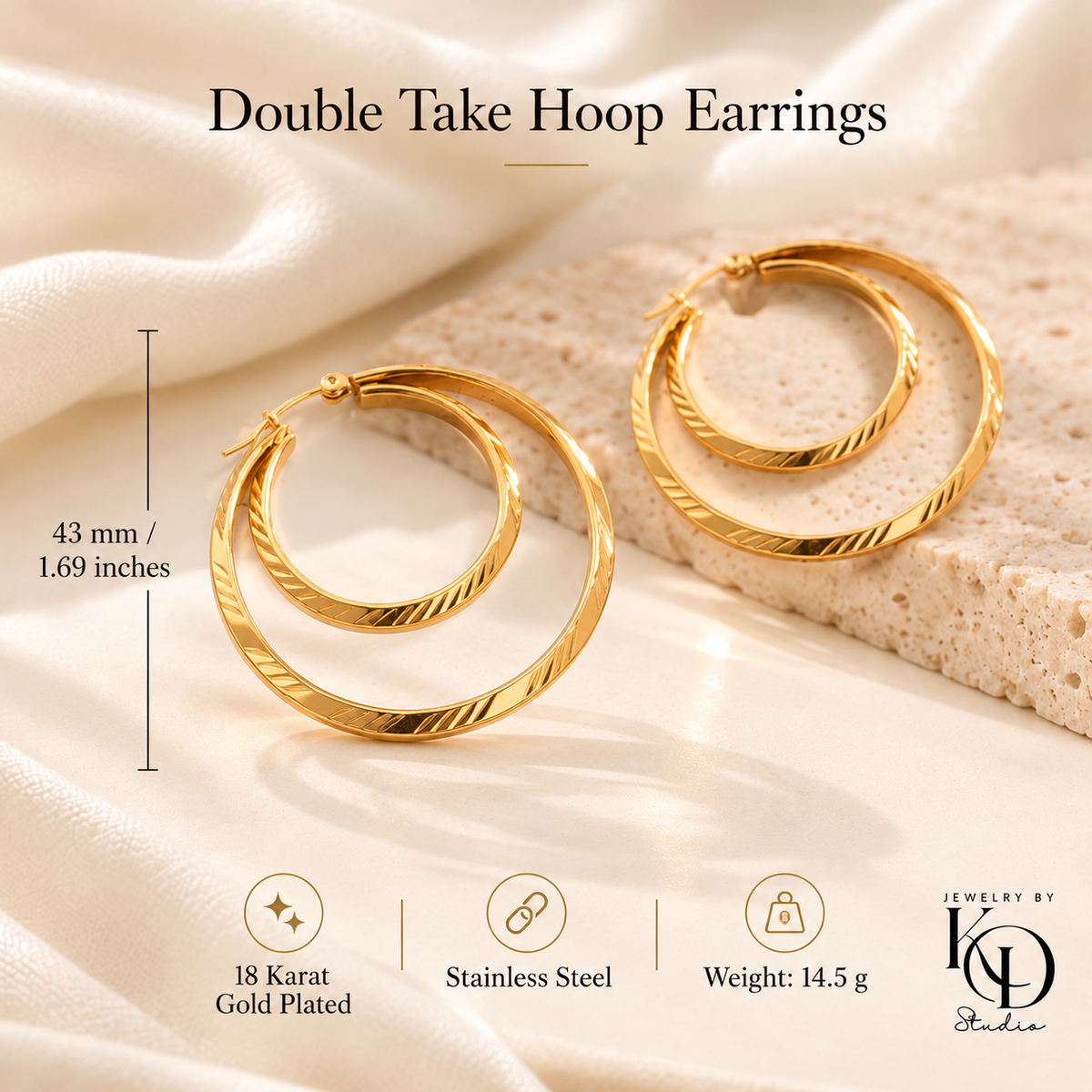 Double Take Hoop Earrings — two-hoop design — 43 mm / 1.69 inches, 14.5 g