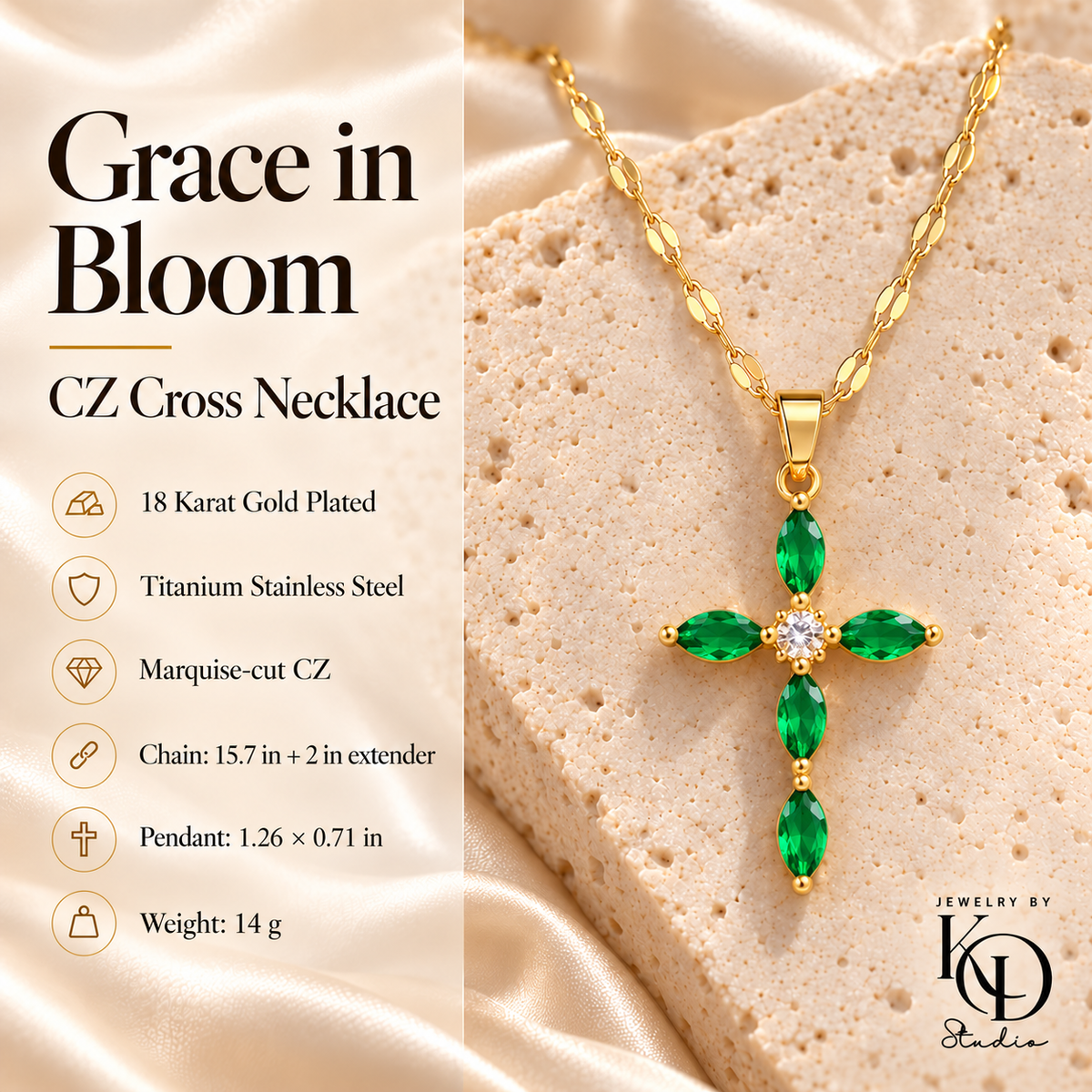 Grace in Bloom green CZ Cross Necklace — materials and measurements