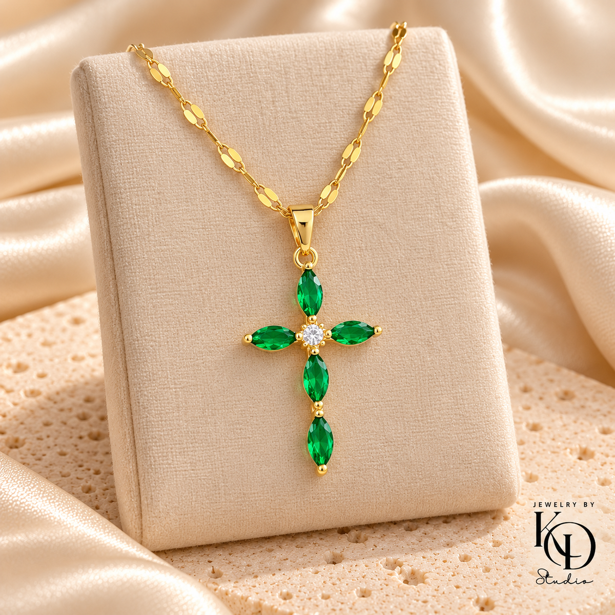 Grace in Bloom CZ Cross Necklace — green