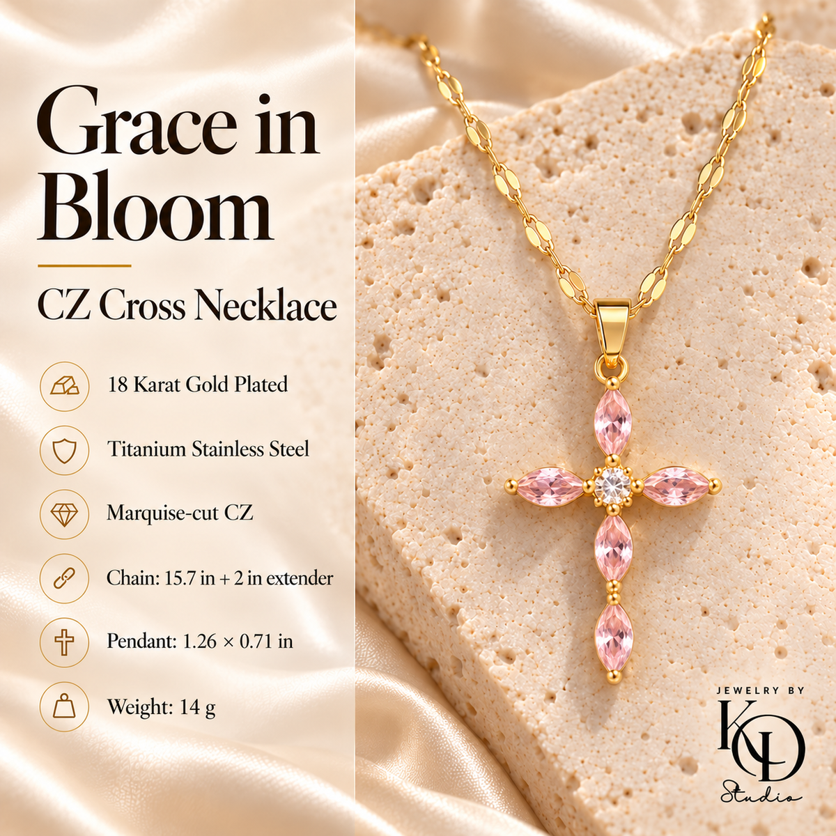 Grace in Bloom pink CZ Cross Necklace — materials and measurements