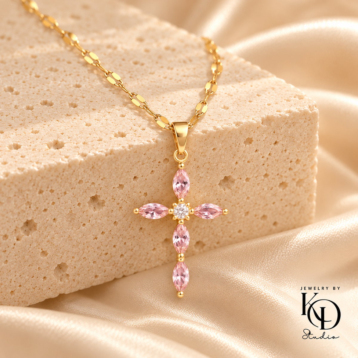 Grace in Bloom CZ Cross Necklace — pink