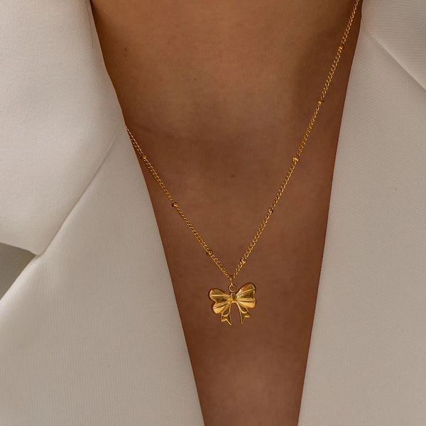 K Gold Bow Charm Necklace