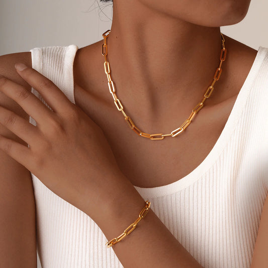 Chic Gold Paperclip Necklace & Bracelet Set