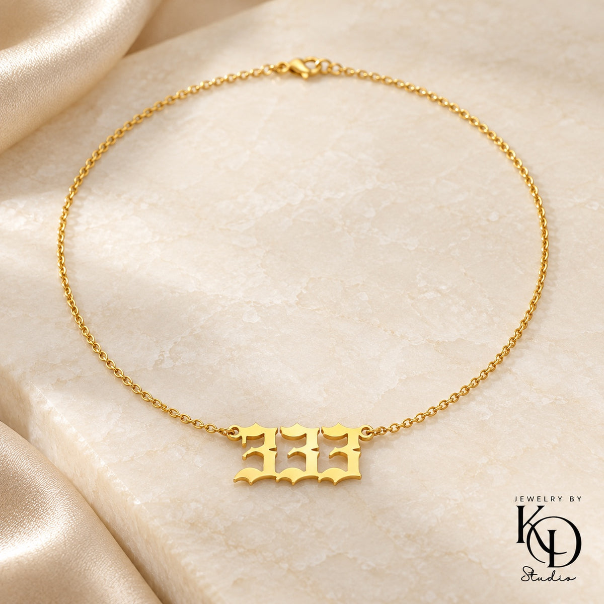 Old English angel number necklace — 333 gold — Jewelry by KD Studio