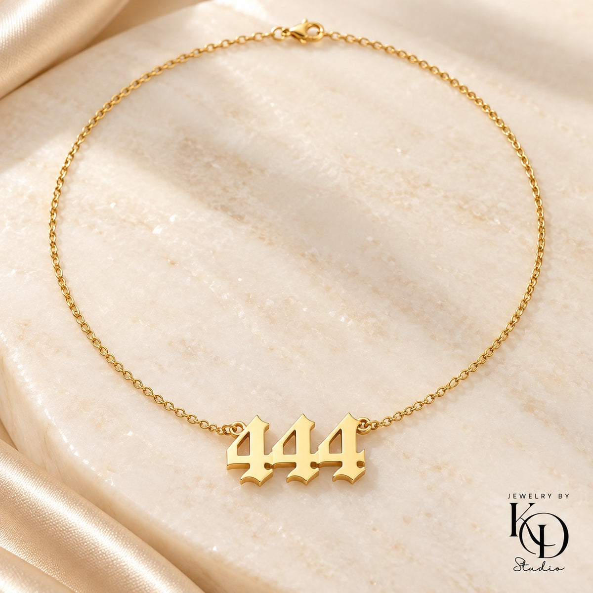 Old English angel number necklace — 444 gold — Jewelry by KD Studio