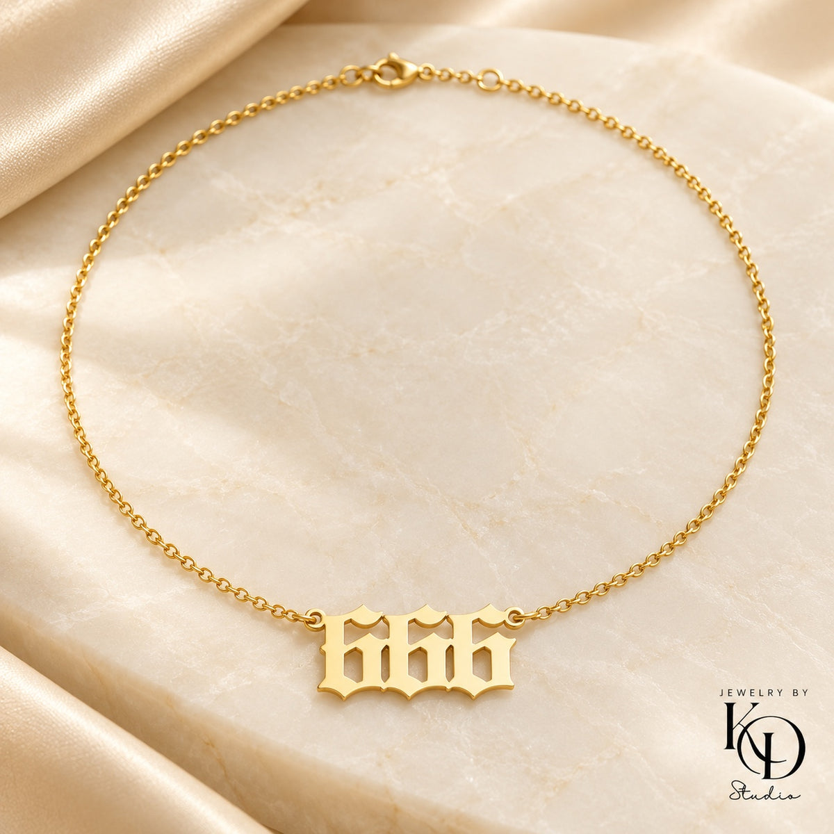 Old English angel number necklace — 666 gold — Jewelry by KD Studio