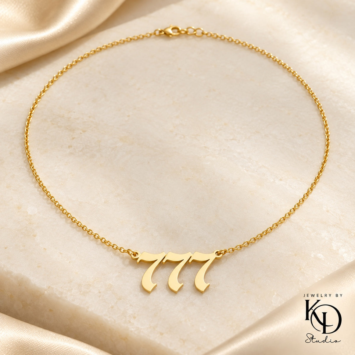 Old English angel number necklace — 777 gold — Jewelry by KD Studio