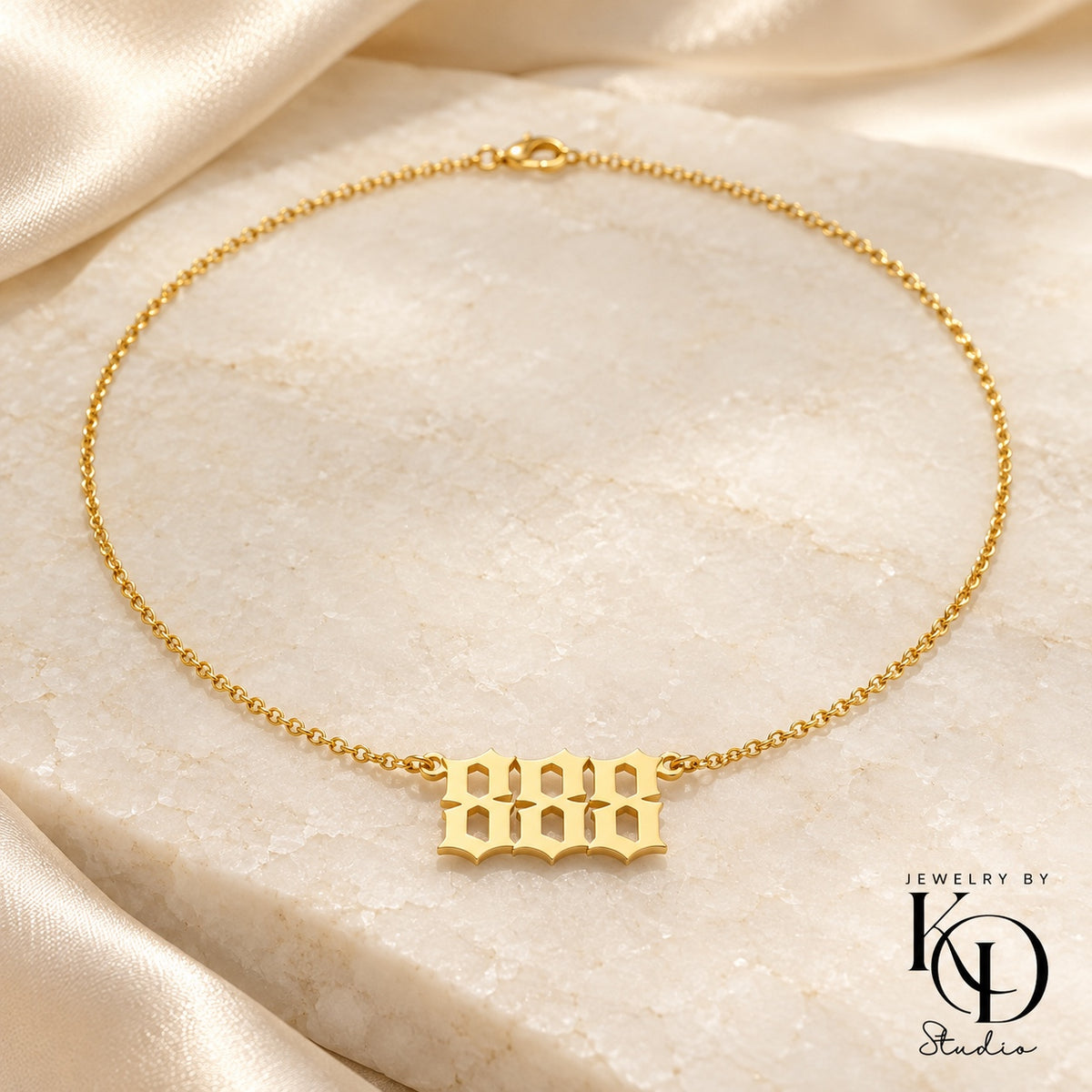 Old English angel number necklace — 888 gold — Jewelry by KD Studio