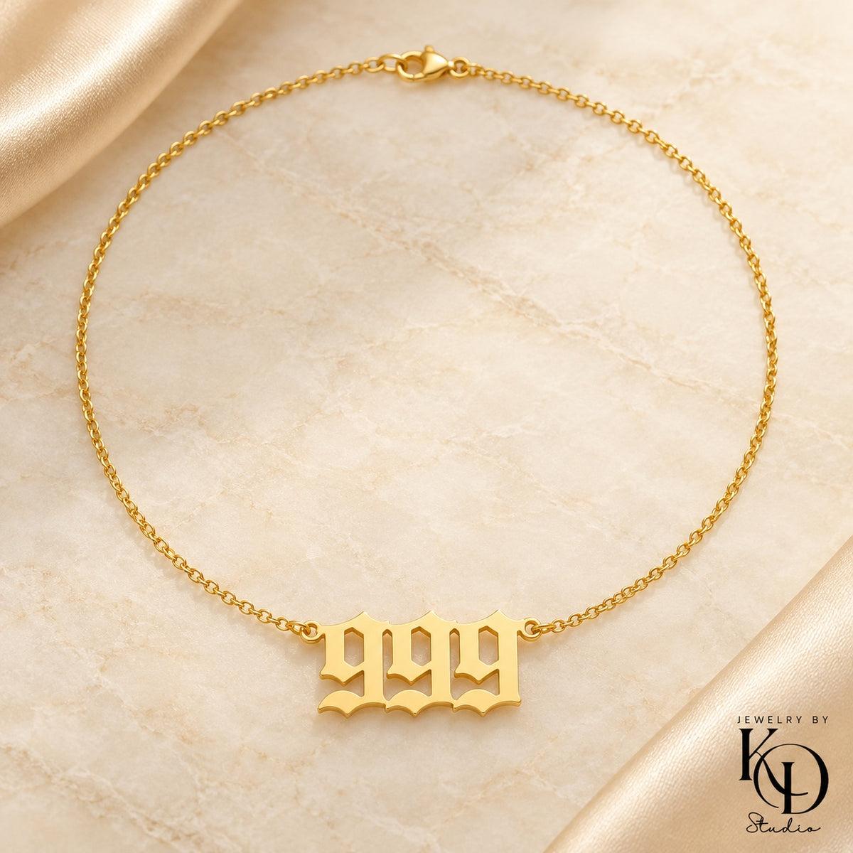Old English angel number necklace — 999 gold — Jewelry by KD Studio