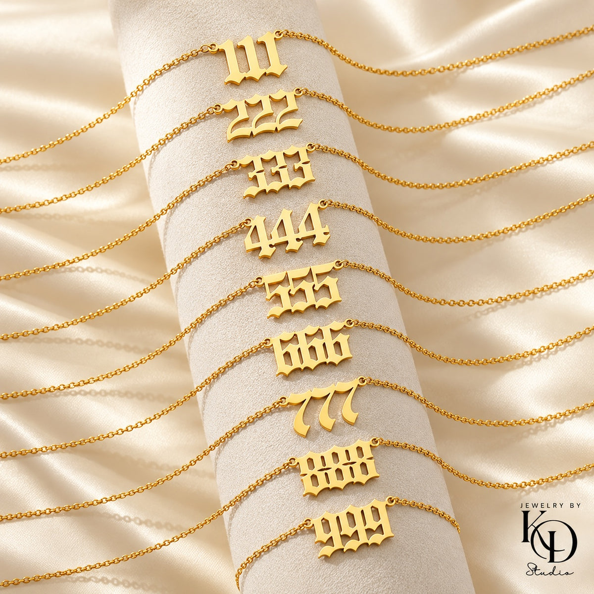 Old English angel number necklaces 111 through 999 in gold — Jewelry by KD Studio