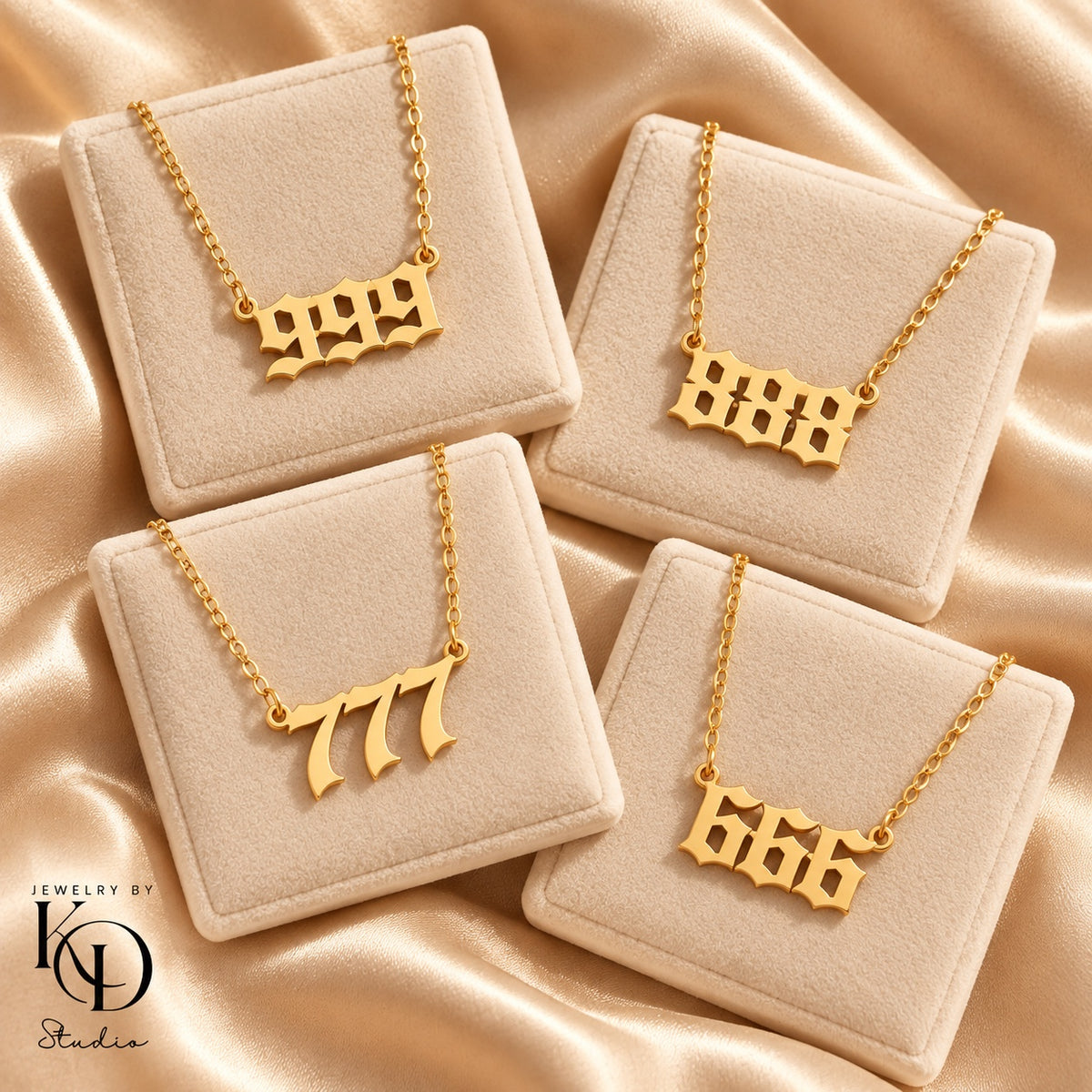 Old English angel number necklace — gold display — Jewelry by KD Studio