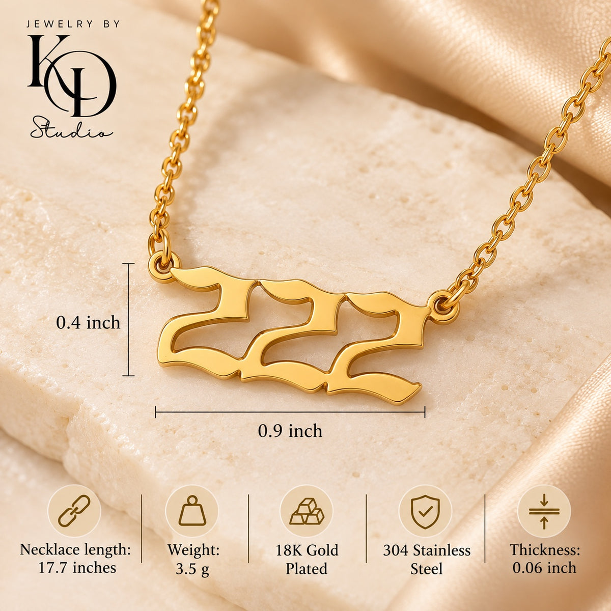 Old English angel number necklace — gold measurements — Jewelry by KD Studio
