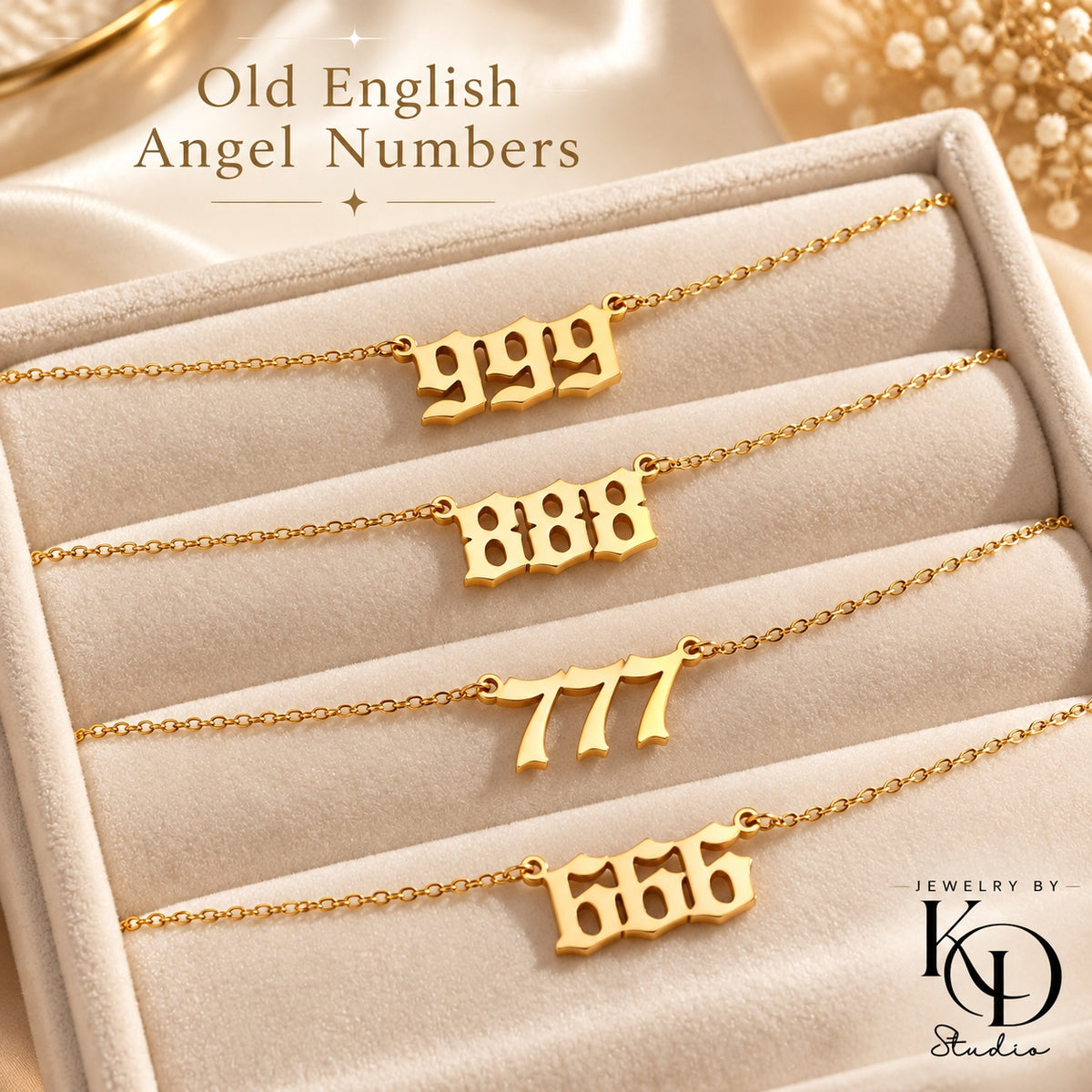 Old English angel number necklace — gold overview — Jewelry by KD Studio