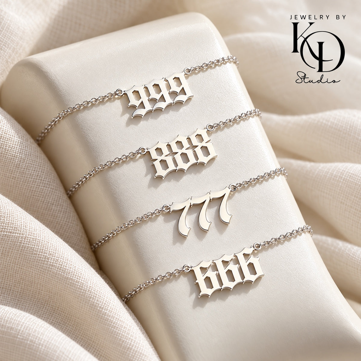 Old English angel number necklace — silver display — Jewelry by KD Studio