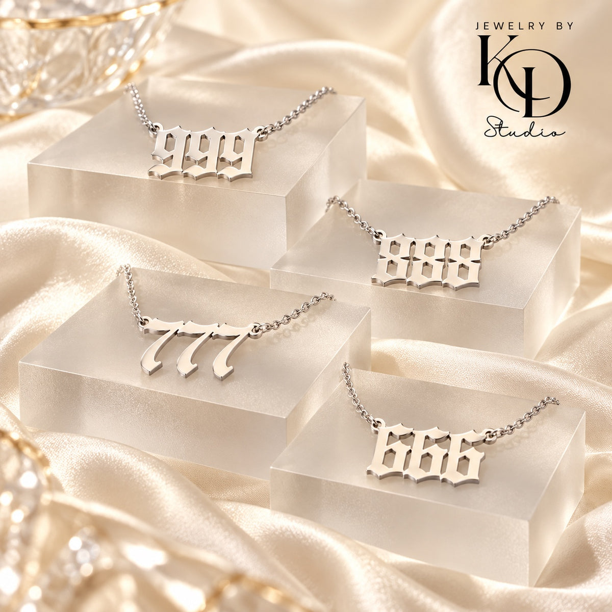 Old English angel number necklace — silver still life — Jewelry by KD Studio