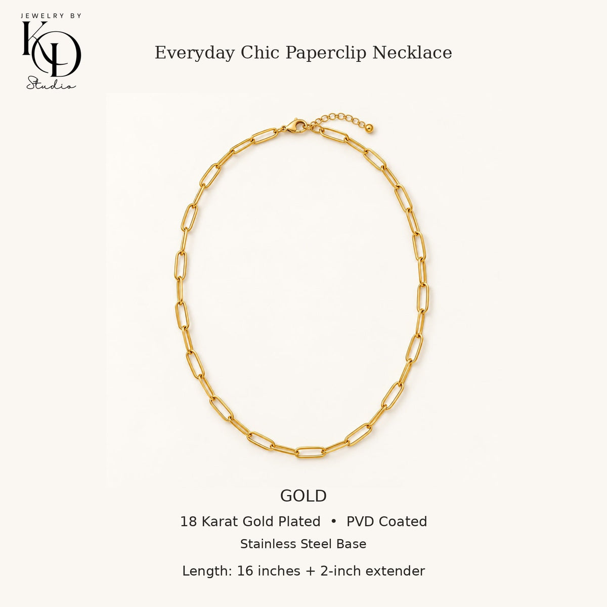 Gold paperclip necklace — 18 Karat Gold Plated, PVD Coated, 16 inches plus 2-inch extender, stacked KD Studio logo