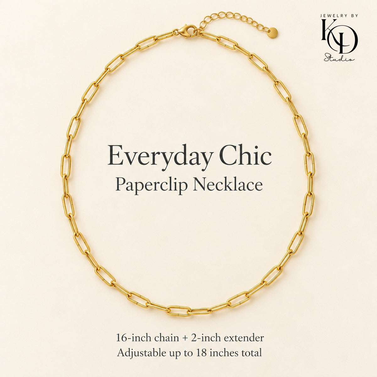 Paperclip necklace sizing card, 16 inches plus 2-inch extender, approved stacked KD Studio logo