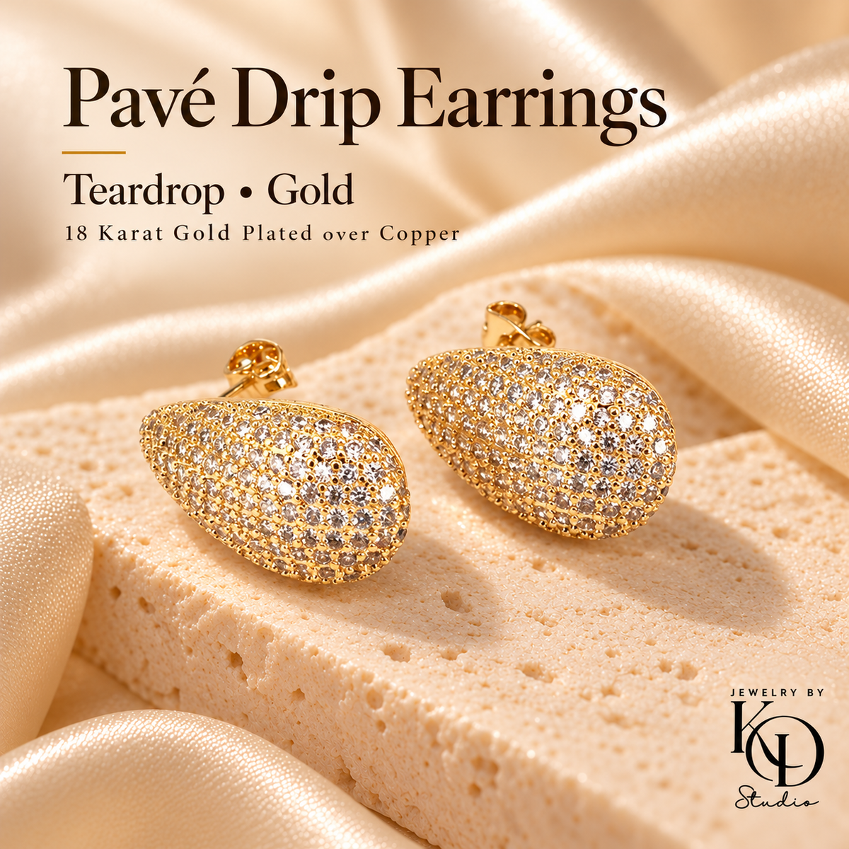 Pavé Drip Earrings — gold teardrop