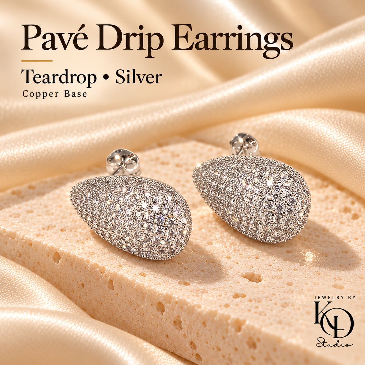 Pavé Drip Earrings — silver teardrop