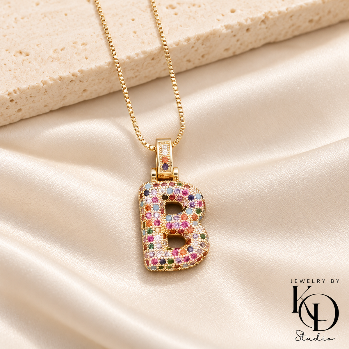 Puffy Rainbow Initial Necklace — B gold