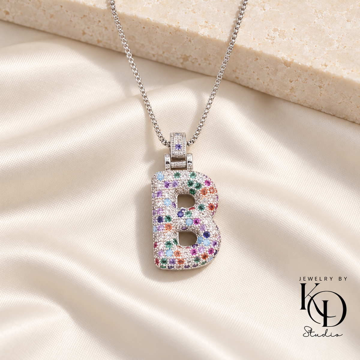 Puffy Rainbow Initial Necklace — B silver