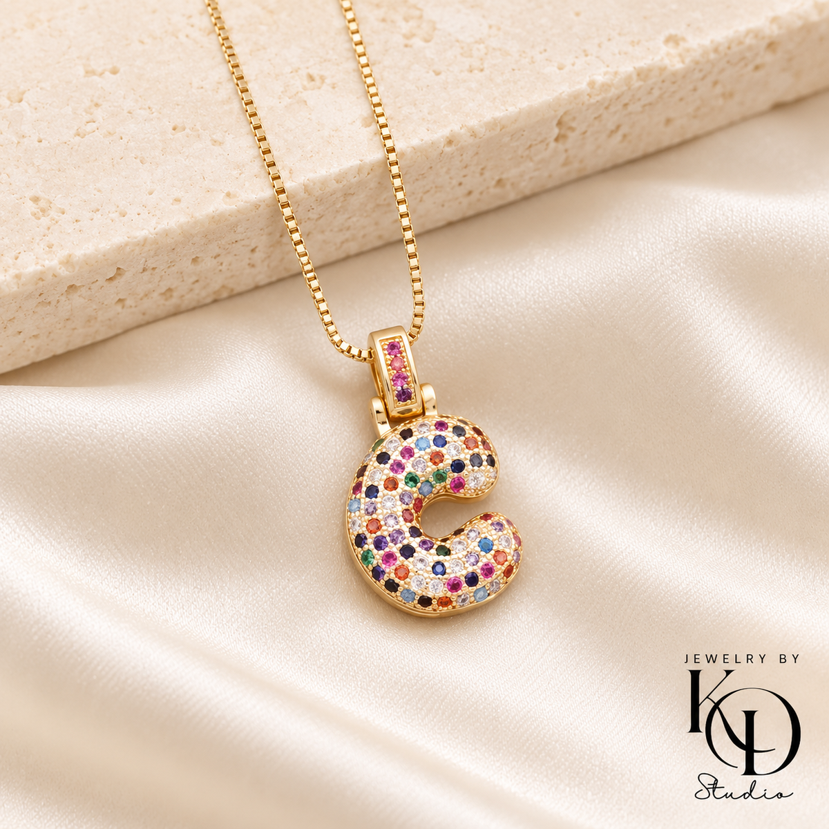 Puffy Rainbow Initial Necklace — C gold