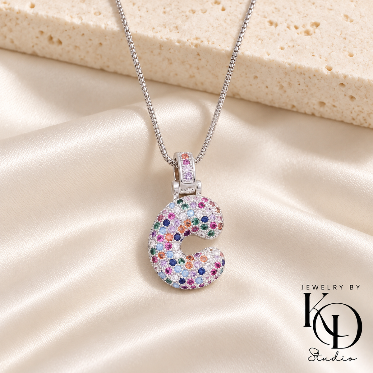 Puffy Rainbow Initial Necklace — C silver