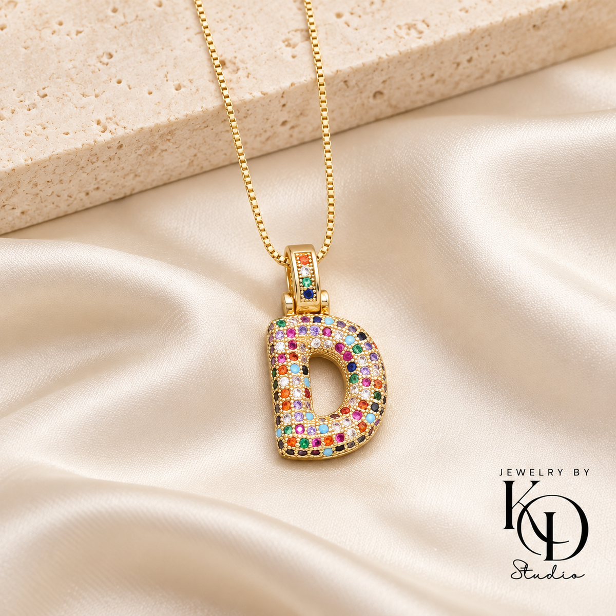 Puffy Rainbow Initial Necklace — D gold