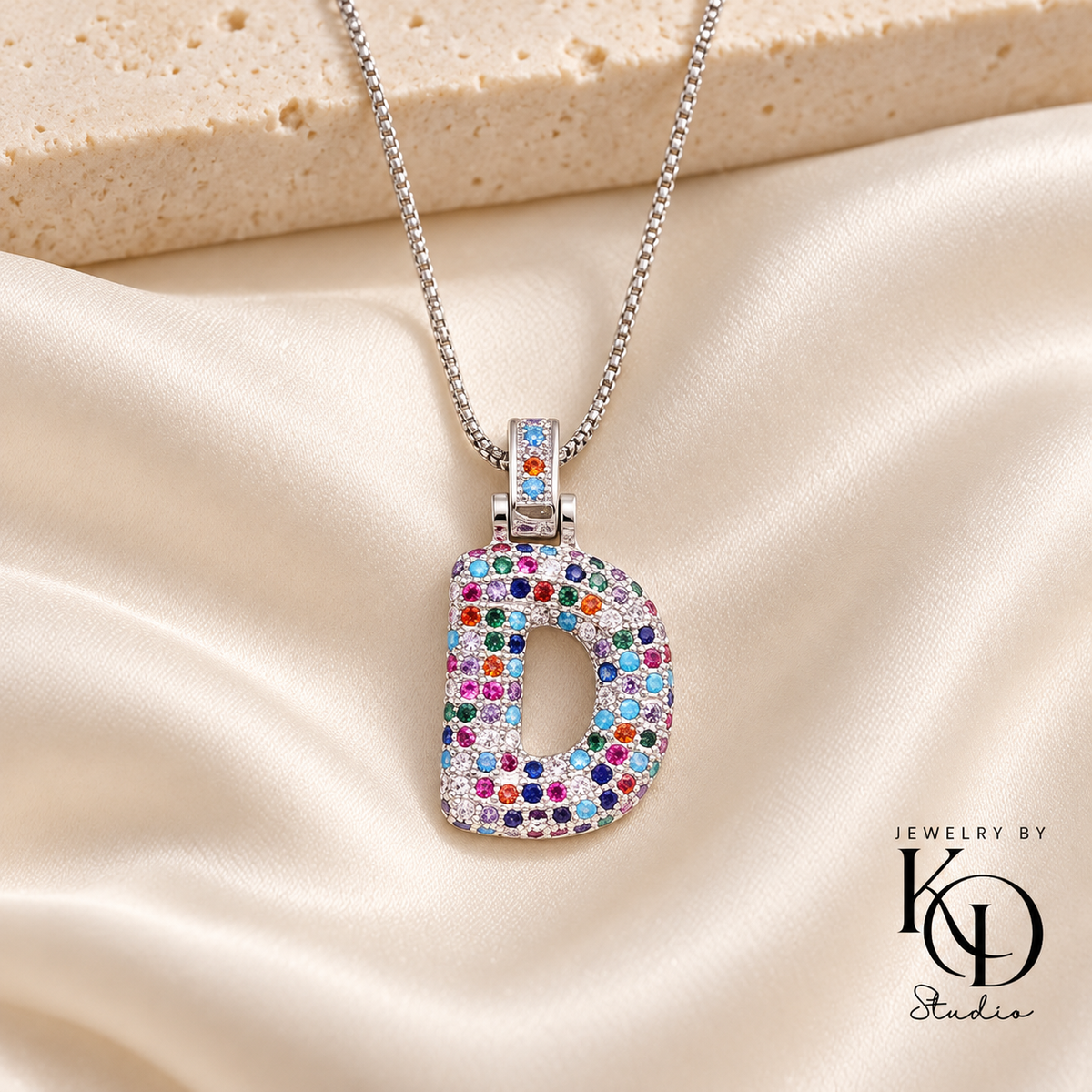 Puffy Rainbow Initial Necklace — D silver